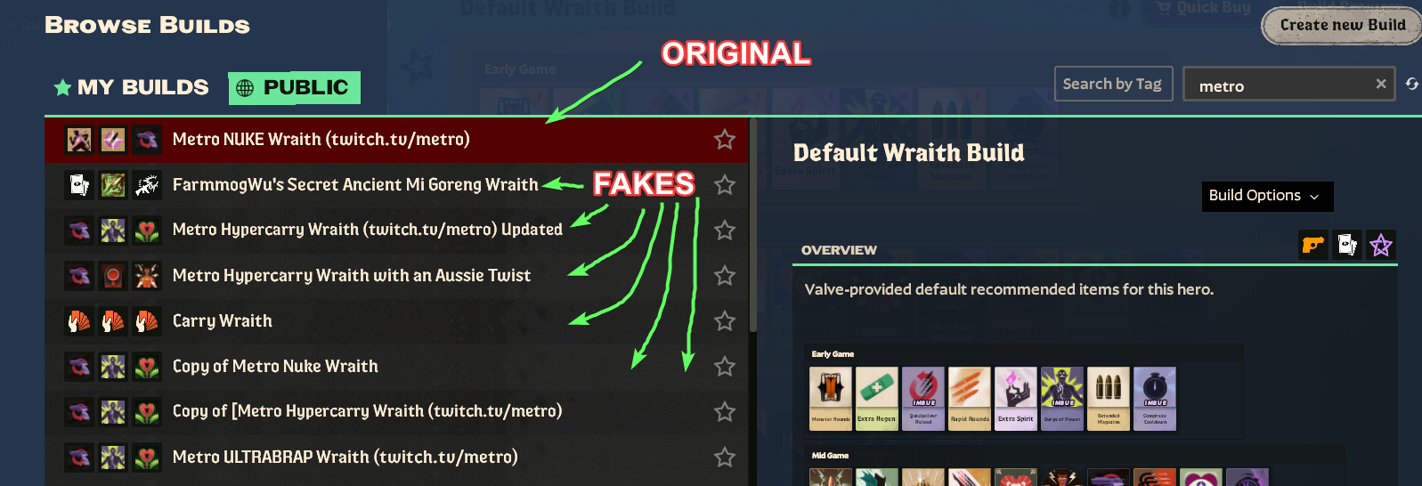 Original build highlighted among copies in the Deadlock build browser