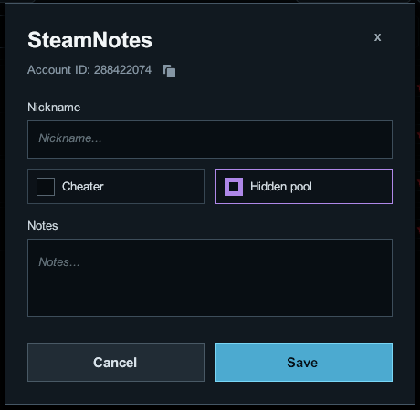 SteamNotes account editor with nickname, flags, and notes
